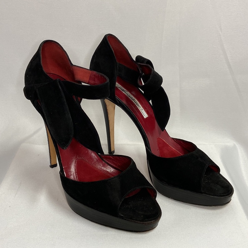Brian Atwood Suede Peep Toe Ankle Strap Heels Black Size 40